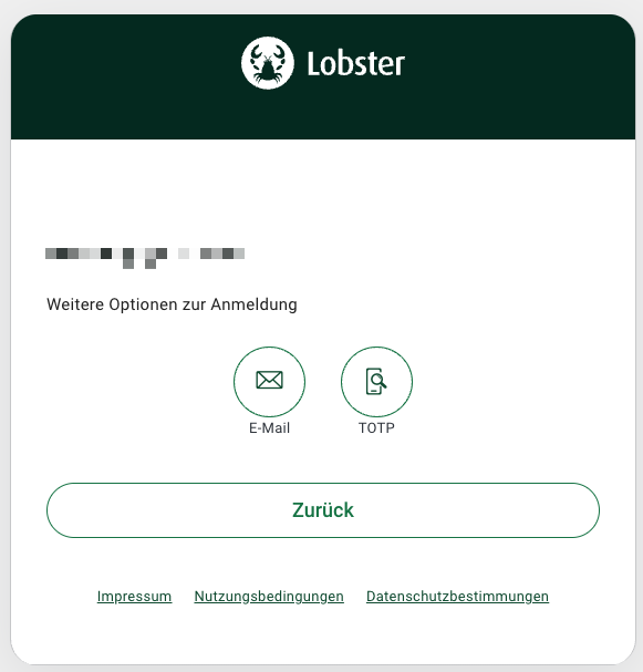 Lobster login page with options for email and TOTP authentication.